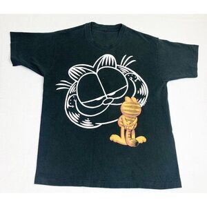 Vintage 90s Garfield T-Shirt Black 1995 Big Face Cartoon Single Stitch